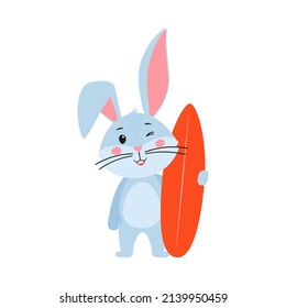 Cute cartoon rabbit or hare. Bunny-surfer with a surfboard in his hand. Printing for children's T-shirts, greeting cards, posters. Hand-drawn vector stock illustration isolated on a white background