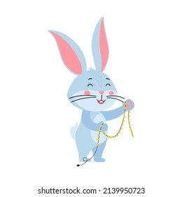 Cute cartoon rabbit or hare. Rabbit with Christmas garland in his hands. Symbol of the year 2023, year of rabbit according to lunar calendar. Vector illustration, hand-drawn, isolated on white