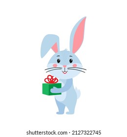 Cute cartoon rabbit or hare. A rabbit with a gift in his hands. Printing on children's T-shirts, greeting cards, posters. Hand-drawn vector stock illustration isolated on a white background