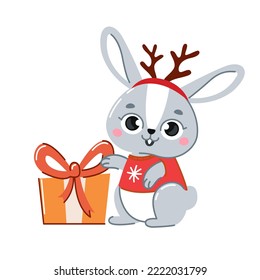 Cute cartoon rabbit or hare. A rabbit with a gift in his hands. Printing on children's T-shirts, greeting cards, posters. vector illustration isolated on a white background