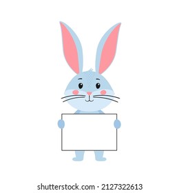 Cute cartoon rabbit or hare. The rabbit  is holding an empty sheet of paper. Printing for children's T-shirts, greeting cards, posters. Hand-drawn vector stock illustration isolated on a white