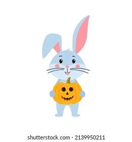 Cute cartoon rabbit or hare. Rabbit holds Jack-o'-lantern pumpkin, symbol of Halloween. Printing on children's T-shirts, greeting card, poster. Hand-drawn vector stock illustration isolated on white