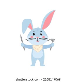 Cute cartoon rabbit or hare. Rabbit with knife and fork with napkin around his neck is preparing for dinner. Printing on children's greeting cards. Hand-drawn vector stock illustration on white