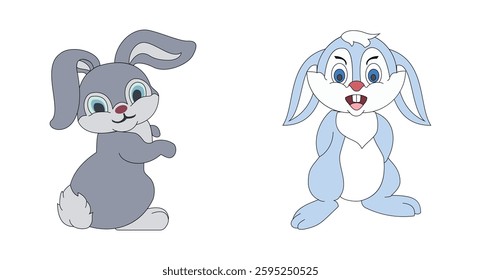 Cute cartoon rabbit or hare on a white background. Easter theme. Farm animals, and wild fauna. Elements for greeting card, website, banner, poster. EPS 10. Vector illustrations