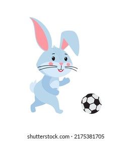 Cute cartoon rabbit or hare. Rabbit is playing soccer. Printing on children's T-shirts, greeting cards, posters. Hand-drawn vector stock illustration isolated on white background