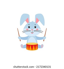 Cute cartoon rabbit or hare. Rabbit plays the drum. Printing on children's T-shirts, greeting cards, posters. Hand-drawn vector stock illustration isolated on white background