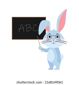 Cute cartoon rabbit or hare. Rabbit-teacher with pointer in his hand next to blackboard. Printing on children T-shirts, greeting cards, posters. Hand-drawn vector stock illustration isolated on white