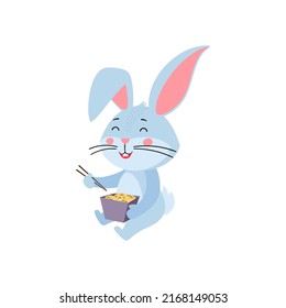 Cute cartoon rabbit or hare. Rabbit sits and eats asian food out of a box. Printing on children's T-shirts, greeting cards, posters. Hand-drawn vector stock illustration isolated on white background