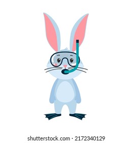 Cute cartoon rabbit or hare. Rabbit is standing in fins, mask for swimming with snorkel. Printing on children's T-shirts, greeting card, posters. Hand-drawn vector stock illustration isolated on white