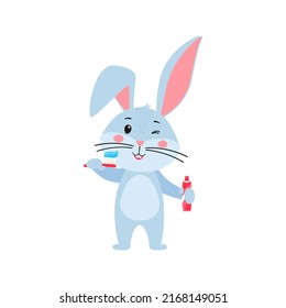 Cute cartoon rabbit or hare. Rabbit with toothbrush and toothpaste, getting ready to brush his teeth. Printing on children T-shirts, greeting cards. Hand-drawn vector stock illustration on white 