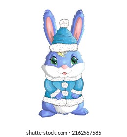 Cute Cartoon Rabbit In A Hat And Fur Coat, Scarf. Winter 2023, Christmas And New Year.