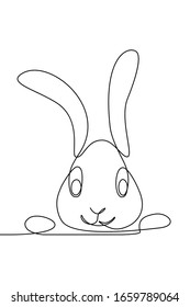 Cute cartoon rabbit head peeking out. Continuous line art drawing style. Easter bunny black linear sketch isolated on white background. Vector illustration