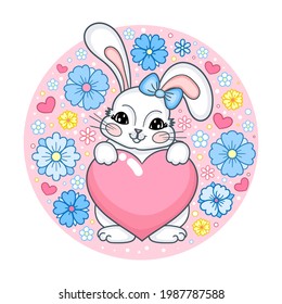 Cute cartoon rabbit with a heart among the flowers. Children's illustration. For valentine design. prints, posters, stickers, postcards, etc. Vector