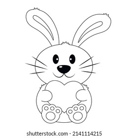 Cute cartoon Rabbit with Heart. Draw illustration in black and white