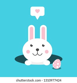 Cute Cartoon Rabbit With Heart In Text Bubble In The Hole And Easter Egg. Easter Rabbit&Eggs. Easter Bunny. - Vector Illustration