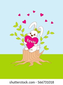 Cute cartoon rabbit with hearts and word Love sitting on the stump for greeting or invitation valentine card, decorate romantic holiday, party, wall of kids room, kindergarten, home. eps 10.