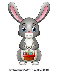 Cute Cartoon Rabbit Holding a Basket with Eggs
