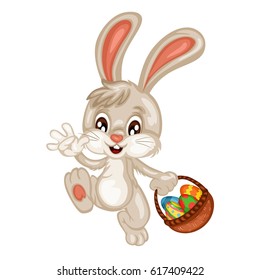 Cute Cartoon Rabbit Holding a Basket with Eggs