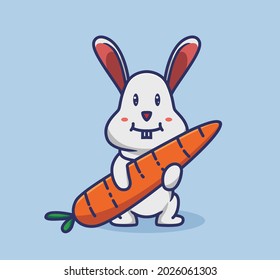 Cute cartoon rabbit holding a big carrot for eat lunch. animal flat style illustration icon premium vector logo mascot suitable for web design banner character