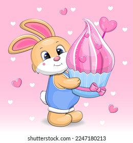 A cute cartoon rabbit is holding a big cupcake. Vector illustration of an animal on a pink background with hearts.
