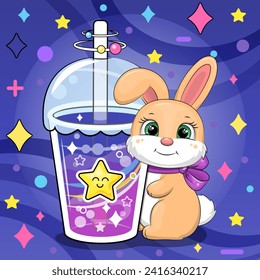 A cute cartoon rabbit is holding a big drink. Night vector illustration of an animal on a dark blue background with stars.