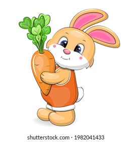 Cute cartoon rabbit holding a carrot. Vector animal illustration isolated on white.