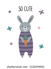 Cute cartoon rabbit holding a carrot. Funny children's poster. Vector illustration for T-shirt print, nursery decor, invitation card, postcard