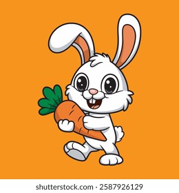 Cute Cartoon Rabbit Holding Carrot Vector Illustration,Happy Bunny with Carrot Cartoon Drawing,Cute Baby Rabbit with Carrot Digital Drawing