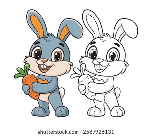 Cute Cartoon Rabbit Holding Carrot Vector Illustration,Happy Bunny with Carrot Cartoon Drawing,Cute Baby Rabbit with Carrot Digital Drawing