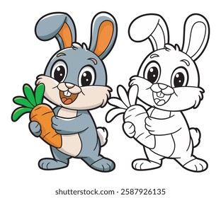 Cute Cartoon Rabbit Holding Carrot Vector Illustration,Happy Bunny with Carrot Cartoon Drawing,Cute Baby Rabbit with Carrot Digital Drawing