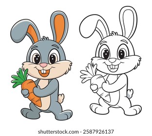 Cute Cartoon Rabbit Holding Carrot Vector Illustration,Happy Bunny with Carrot Cartoon Drawing,Cute Baby Rabbit with Carrot Digital Drawing