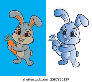 Cute Cartoon Rabbit Holding Carrot Vector Illustration,Happy Bunny with Carrot Cartoon Drawing,Cute Baby Rabbit with Carrot Digital Drawing