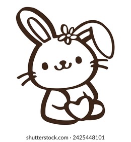 cute Cartoon rabbit holding a pink coqutte heart. Easter day, outline vector