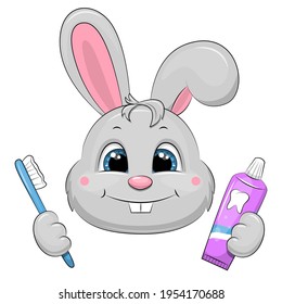 Cute cartoon rabbit holding a toothbrush and toothpaste. Vector animal illustration isolated on white.