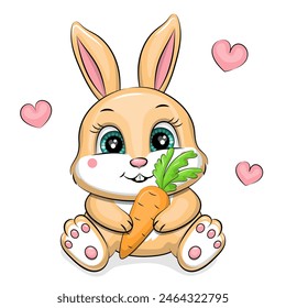 Cute cartoon rabbit holds a carrot. Vector illustration of an animal on a white background with pink hearts.