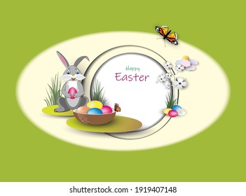 A cute cartoon rabbit holds  in its paws an Easter egg next to a bowl with many colored eggs. Easter vector illustration with imitation of paper cut background and other elements. 