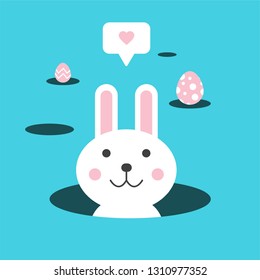 Cute Cartoon Rabbit In The Hole With Heart In Text Bubble. Easter Rabbit&Eggs. Easter Bunny. - Vector Illustration