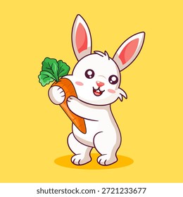 Coelho de desenhos animados bonito abraçando um vetor de cenoura grande ilustração desenho animado Kawaii