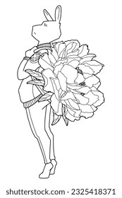 Cute cartoon rabbit. Humanization of the character. Illustration with peon flower. Coloring page. Black line.