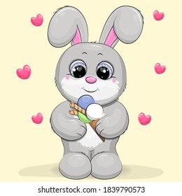 Cute cartoon rabbit with ice cream. Vector illustration of animal on background with hearts.