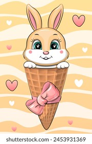 Cute cartoon rabbit in ice cream cone with pink ribbon bow. Vector illustration on yellow background with hearts.