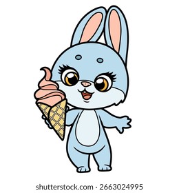 Cute cartoon rabbit  with ice cream in a waffle cone on white background