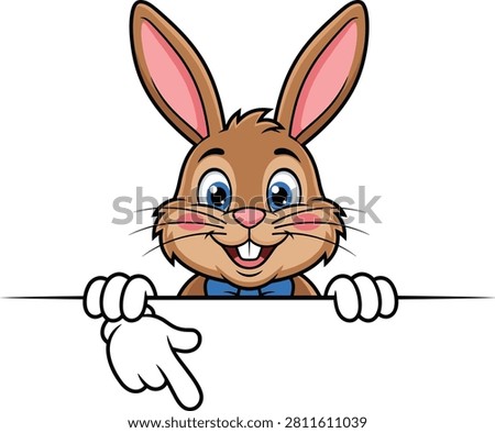 Cute cartoon rabbit illustration, funny easter bunny peeking behind blank banner, cheerful animal mascot design element, copy space