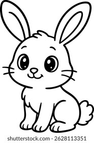 Cute cartoon rabbit illustration for kids, black and white bunny line art, smiling baby bunny drawing for coloring book or educational materials