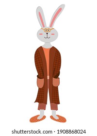 Cute cartoon rabbit isolated on white background. Rabbit in robe and slippers. Rabbit wake up in the morning