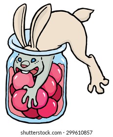 cute cartoon rabbit jumping into the jar of delicious red berries