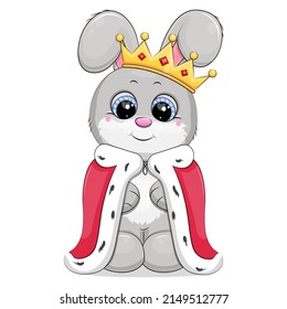 El rey del conejo de dibujos animados con la corona y la bata real. Ilustración vectorial del animal sobre un fondo blanco.