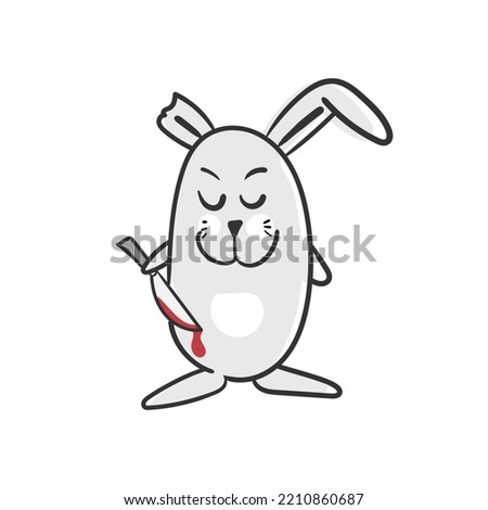 Cute cartoon rabbit with a knife and a bitten off ear. Halloween illustration on a white background. Smiling rabbit with closed eyes. Funny concept