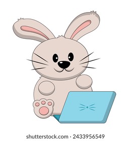 Cute cartoon Rabbit with laptop in color