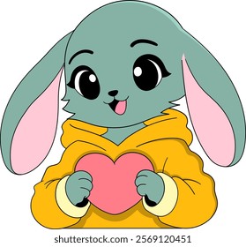 A cute cartoon rabbit with large ears and expressive eyes, dressed in a yellow hoodie, holding a pink heart with a cheerful expression